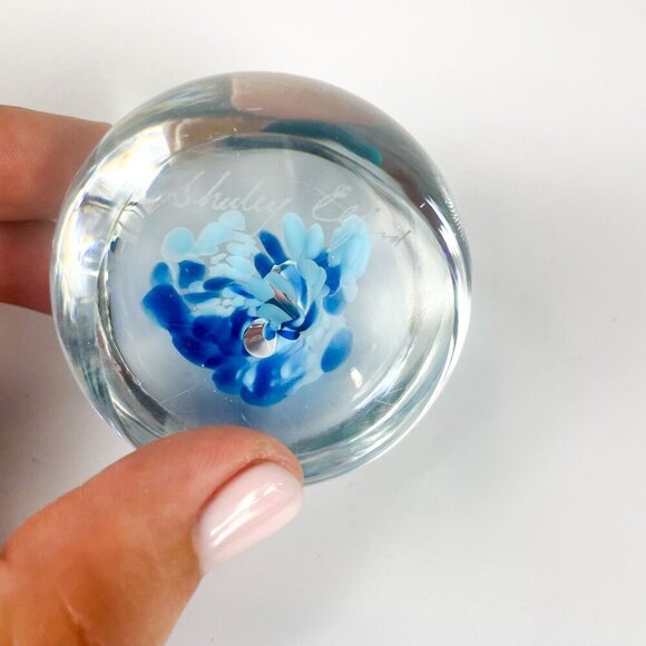 Shirley Elford Art Glass  Blue speckled Flower Paperweight - Picture 7 of 7